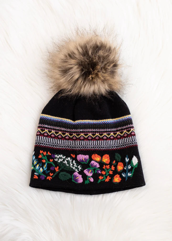 Black Knit Hat with Multicolored Pattern