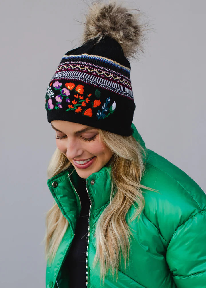 Black Knit Hat with Multicolored Pattern