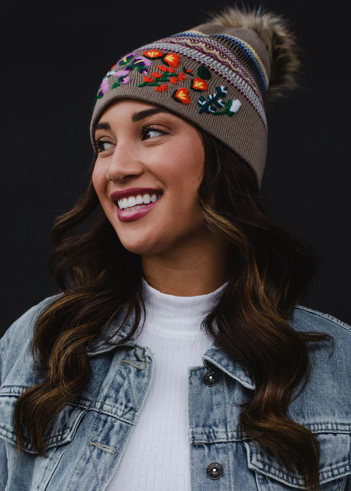 Tan hat with Multicolored Pattern