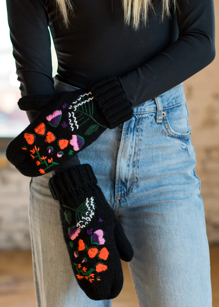 Black Hand Stitched Floral Mittens