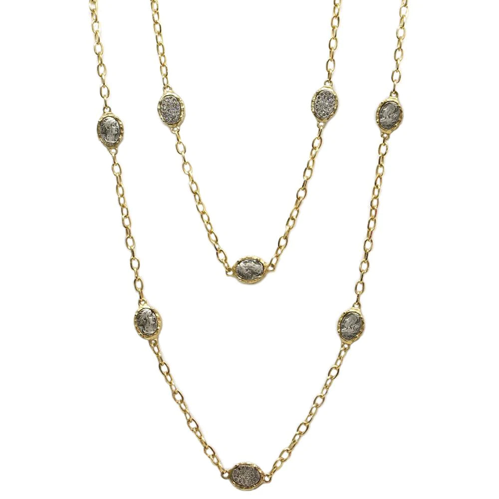 GOLD FAUSTINA COIN & PAVE STATION NECKLACE